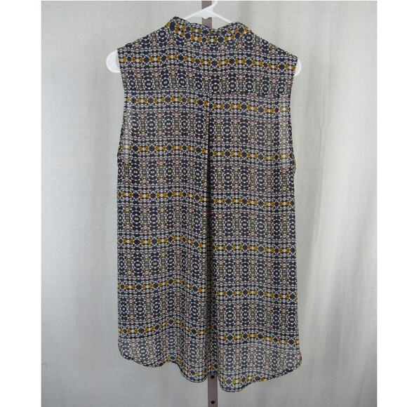 H&M US 14 Semi Sheer Button Up Tank Geometric Shape Navy Yellow Green Purple - Picture 3 of 3